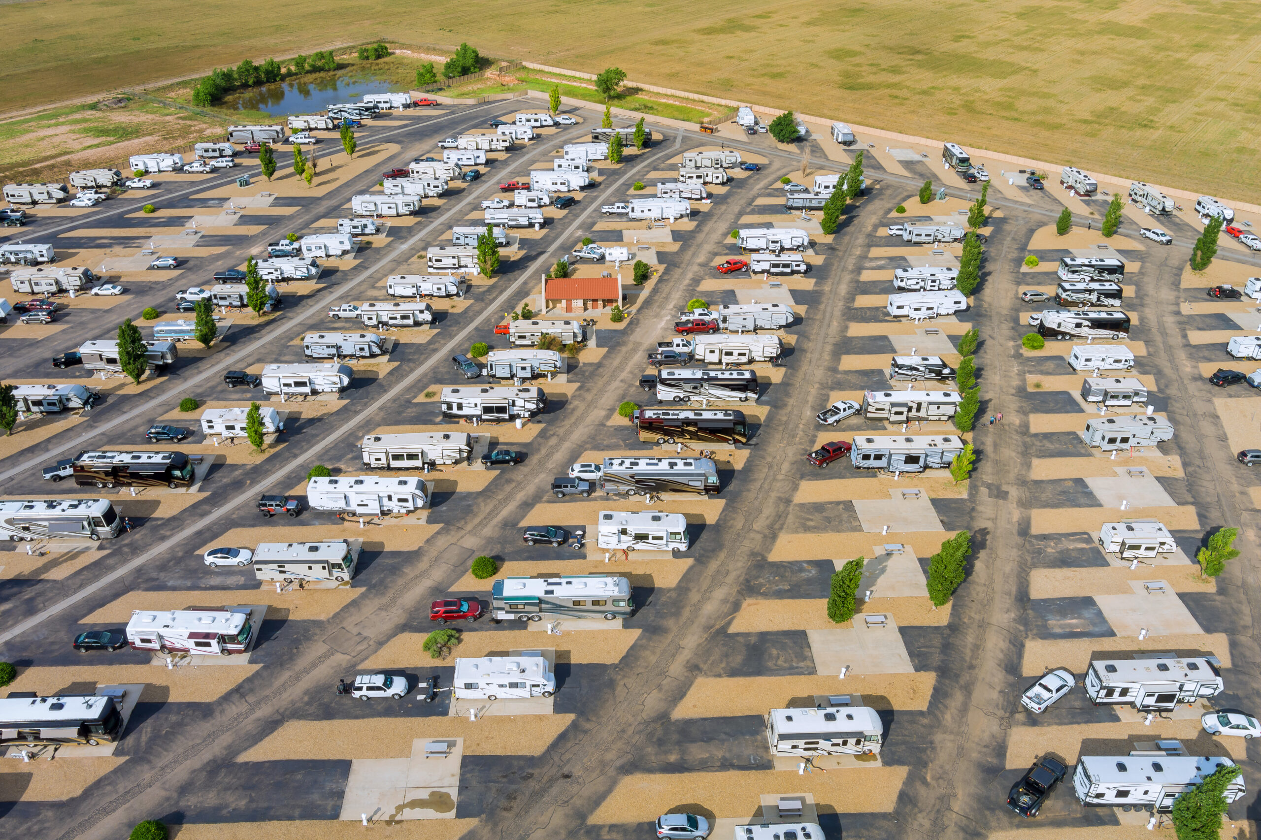 Aerial view of RV parking camping park Resort with travel clubhouse